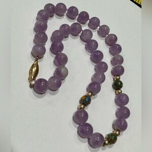 Amethyst beaded necklace w/ cloisonné accents and 14 k gold clasp & beads- 18”